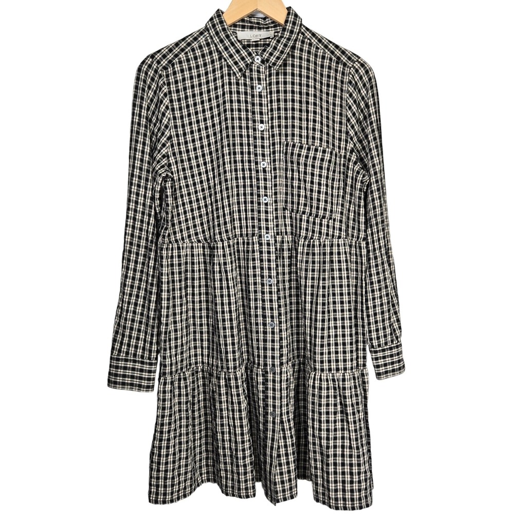 LOFT Womens Black Cream Plaid Tiered Shirt Dress‎ Size M Long Sleeve Gingham